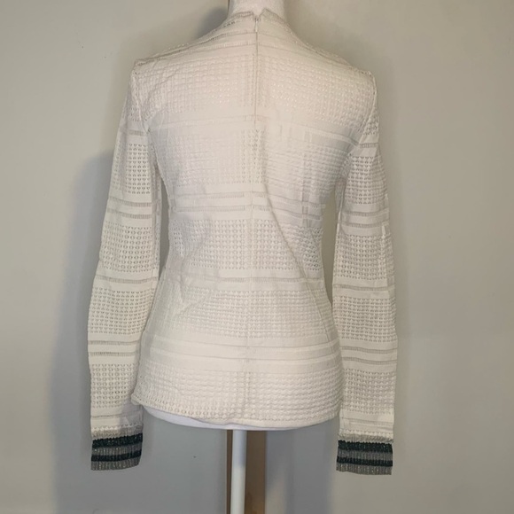 Tibi White Eyelet Semi-Sheer Long Sleeve Top W/Sparkly Shimmer Striped Cuffs 6 - Picture 3 of 14